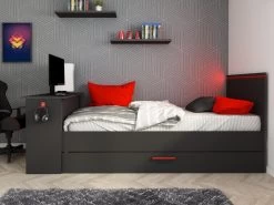 Lit Gigogne Gamer 90 X 200 Et 90 X 190 Cm - Avec Bureau - LEDs - Anthracite Et Rouge - VOUANI -Magasin de lits lit 5961761