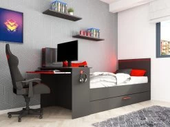 Lit Gigogne Gamer 90 X 200 Et 90 X 190 Cm - Avec Bureau - LEDs - Anthracite Et Rouge - VOUANI