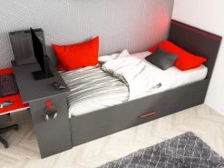 Lit Gigogne Gamer 90 X 200 Et 90 X 190 Cm - Avec Bureau - LEDs - Anthracite Et Rouge - VOUANI -Magasin de lits lit 5961789