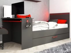 Lit Gigogne Gamer 90 X 200 Et 90 X 190 Cm - Avec Bureau - LEDs - Anthracite Et Rouge - VOUANI -Magasin de lits lit 6130371