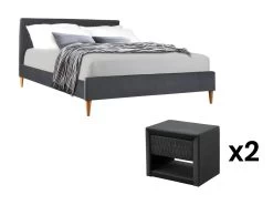 Ensemble Lit 140 X 190 Cm - Tissu Velours - Gris + 2 Tables De Chevet - DANIELE -Magasin de lits lit 751141