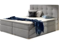 Ensemble Boxspring Complet Tête De Lit + Sommiers + Matelas + Surmatelas INAYA De VENESETTI - Tissu Luxe Gris - 140x200 Cm