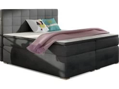 Ensemble Boxspring Complet Tête De Lit + Sommiers + Matelas + Surmatelas ALVEN - Tissu Luxe Gris Foncé - 160x200 Cm