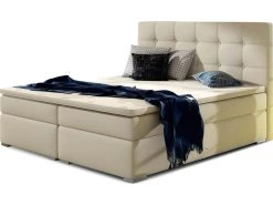 Ensemble Boxspring Complet Tête De Lit + Sommiers + Matelas + Surmatelas INAYA De VENESETTI - Simili Cuir Beige - 140x200 Cm -Magasin de lits lit 8844037