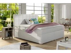Ensemble Boxspring Complet Tête De Lit + Sommiers + Matelas + Surmatelas ALVEN - Simili Cuir Blanc Cassé - 160x200 Cm