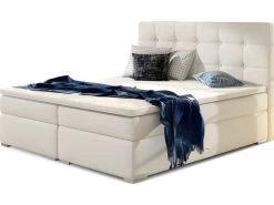 Ensemble Boxspring Complet Tête De Lit + Sommiers + Matelas + Surmatelas INAYA De VENESETTI - Simili Cuir Blanc Cassé - 180x200 Cm