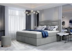 Ensemble Boxspring Complet Tête De Lit + Sommiers + Matelas + Surmatelas VISTA VELOURS De VENESETTI - Tissu Velours Luxe Gris - 160 X 200 Cm