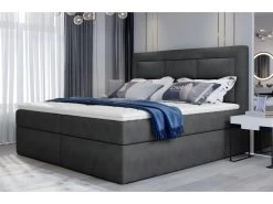 Ensemble Boxspring Complet Tête De Lit + Sommiers + Matelas + Surmatelas VISTA De VENESETTI - Tissu Luxe Gris Foncé - 140 X 200 Cm