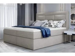 Ensemble Boxspring Complet Tête De Lit + Sommiers + Matelas + Surmatelas VISTA De VENESETTI - Tissu Luxe Beige - 140 X 200 Cm