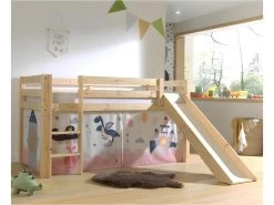 Lit Mi-Hauteur 90x200 Toboggan Sommier Inclus Housse Fairy Pino Bois