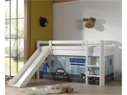 Lit Mi-Hauteur 90x200 Toboggan Sommier Inclus Housse Police Pino Blanc