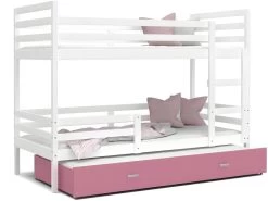 Lit Superposé 3 Places Milo 90x190 Blanc - Rose Livré Avec Sommiers, Tiroir Et Matelas En Mousse De 7cm