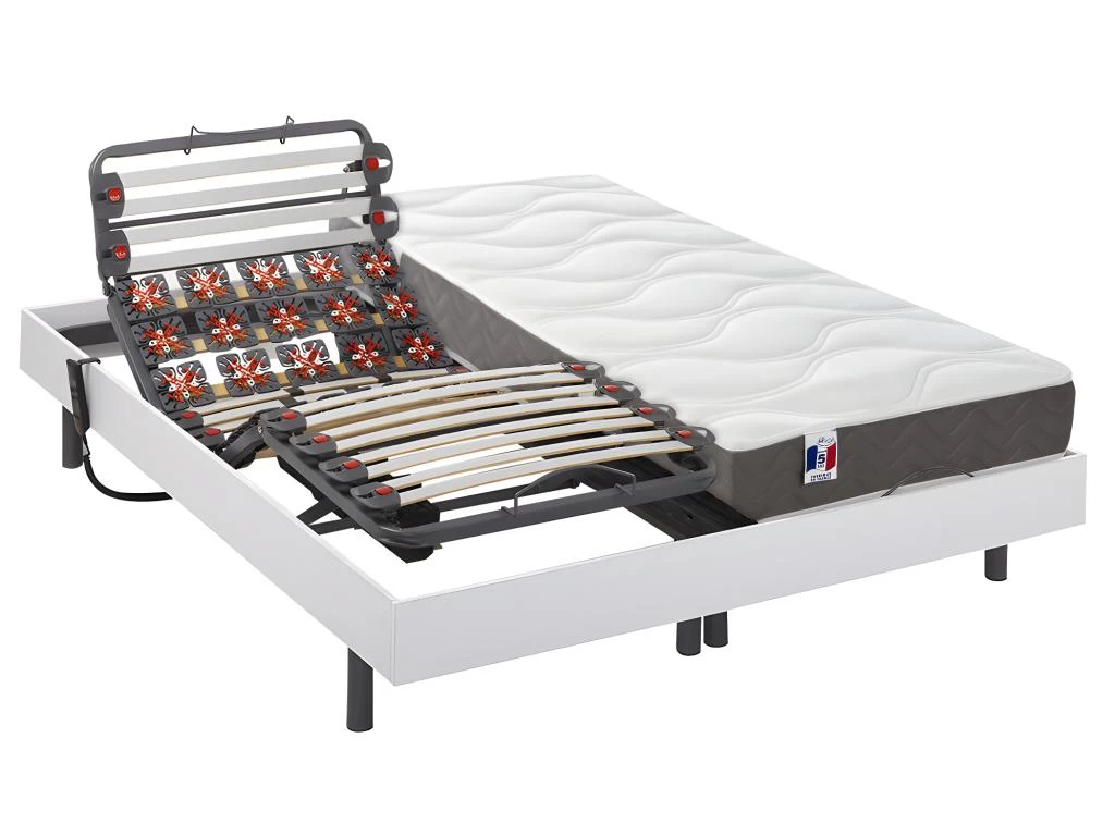 Lit électrique Relaxation Lattes Et Plots Matelas 100% Latex 3 Zones MENELAS De DREAMEA - Blanc - 2 X 80 X 200 Cm - Moteurs OKIN 1 Lit électrique Relaxation Lattes Et Plots Matelas 100% Latex 3 Zones MENELAS De DREAMEA - Blanc - 2 X 80 X 200 Cm - Moteurs OKIN