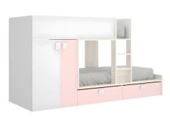 Lits Superposés 2 X 90 X 190 Cm - Armoire Intégrée - Blanc, Naturel Et Rose - JUANITO -Magasin de lits tableau 423751