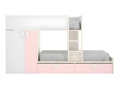 Lits Superposés 2 X 90 X 190 Cm - Armoire Intégrée - Blanc, Naturel Et Rose - JUANITO -Magasin de lits tableau 423753