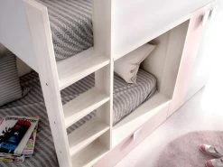 Lits Superposés 2 X 90 X 190 Cm - Armoire Intégrée - Blanc, Naturel Et Rose - JUANITO -Magasin de lits tableau 423755