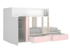 Lits Superposés 2 X 90 X 190 Cm - Armoire Intégrée - Blanc, Naturel Et Rose - JUANITO -Magasin de lits tableau 423759