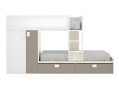 Lits Superposés 2 X 90 X 190 Cm - Armoire Intégrée - Blanc, Naturel Et Taupe - JUANITO -Magasin de lits tableau 423765