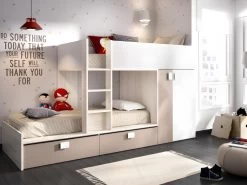 Lits Superposés 2 X 90 X 190 Cm - Armoire Intégrée - Blanc, Naturel Et Taupe - JUANITO